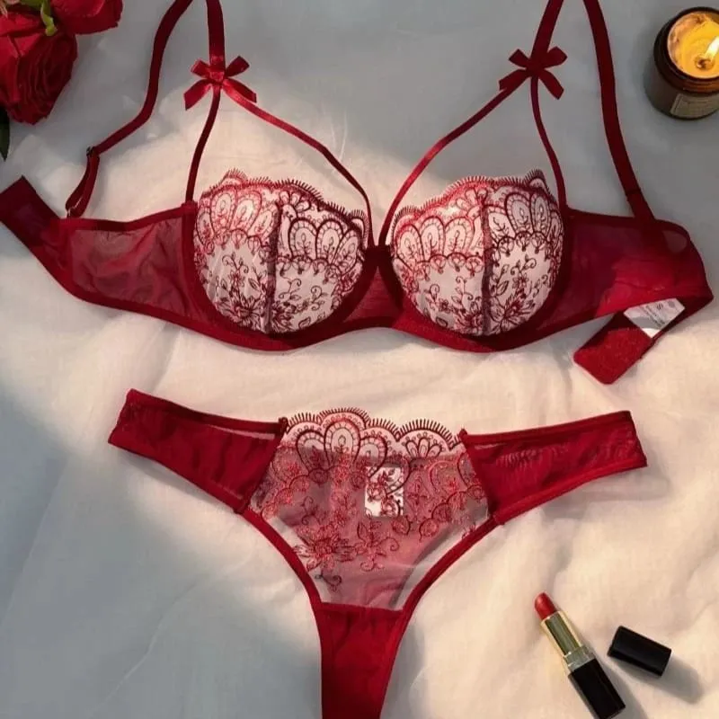 Ensemble 2 pièces noir confortable et léger pour femmes, ensemble soutien-gorge et culotte en dentelle brodée, Semi-transparente, bretelles réglables — image 6