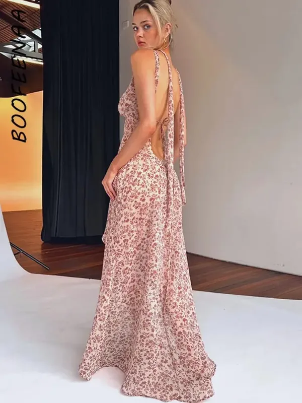 เซ็กซี่ไม่สมมาตรHalter Backlessชุดยาวพิมพ์ลายดอกไม้ชีฟองชายหาดฤดูร้อนชุดสตรี 2023 C15-CI16 — image 2