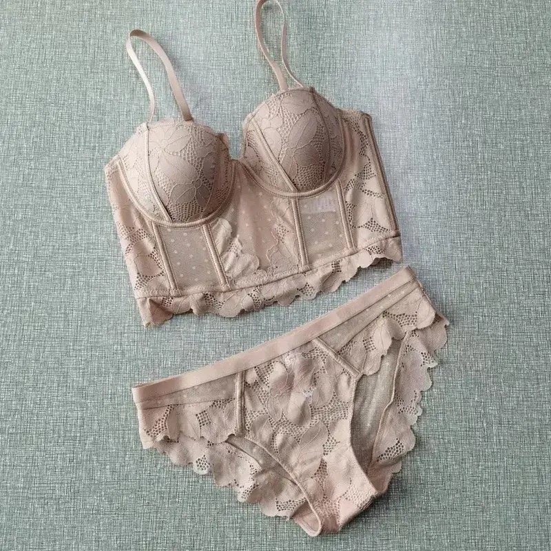 メッシュレースプッシュアップハーフカップブラジャーセット下着取り外し可能なストラップ付き 7 ブレストブロードサイドシェイプブラジャー女性美しいセクシーなランジェリー — image 6