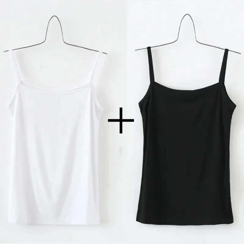Women's Solid Color Spaghetti Straps Sleeveless Slim Camisole with Chest Pad Cotton Summer Wear Outside Female Short Tops Vests