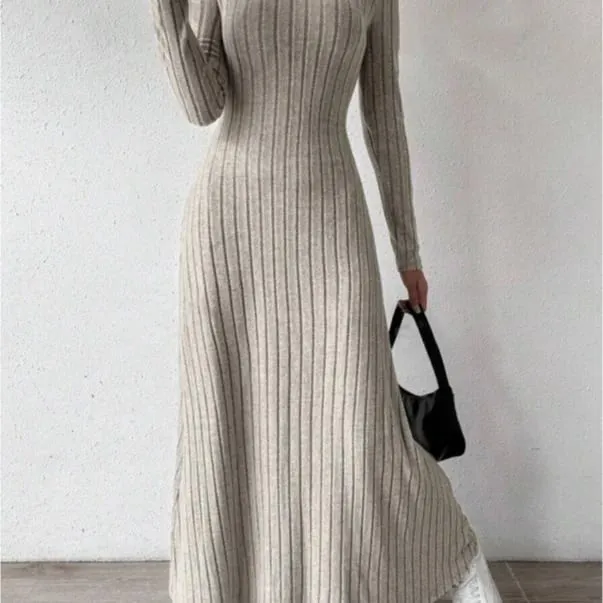 Fashionable Knitted Long Sleeve A-Line Dress Slim Fit Solid Color Street Style Women's Dress Comfortable Casual Elegant Commute — image 1