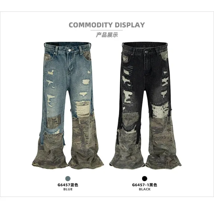 Jeans Men's and Women's Camouflage Patchwork Washed Hole Design Jeans 2025ss — image 8
