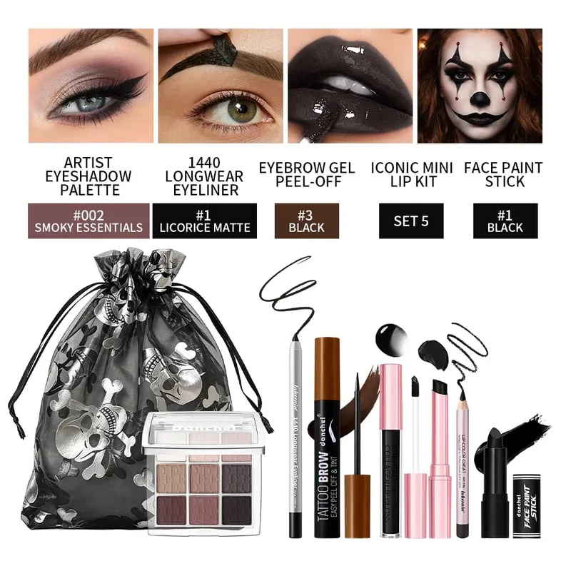 Kostium czarownicy na Halloween zestaw do makijażu z torebką ze sznurkiem cień do powiek szminka eyeliner farba do brwi na Halloween na imprezę cosplay