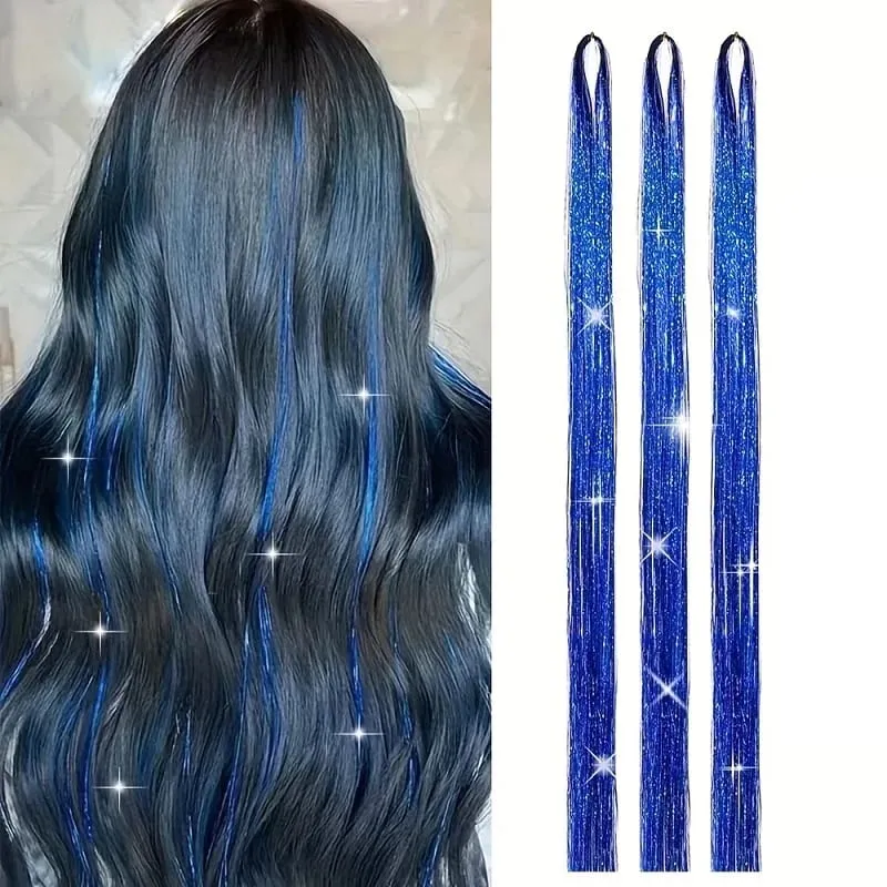 90cm Synthetic 3pcs/set Rainbow Colored Shiny Hair Laser Tinsel Long Straight Heat-Resistant Fairy Hair Extensions Party Daily