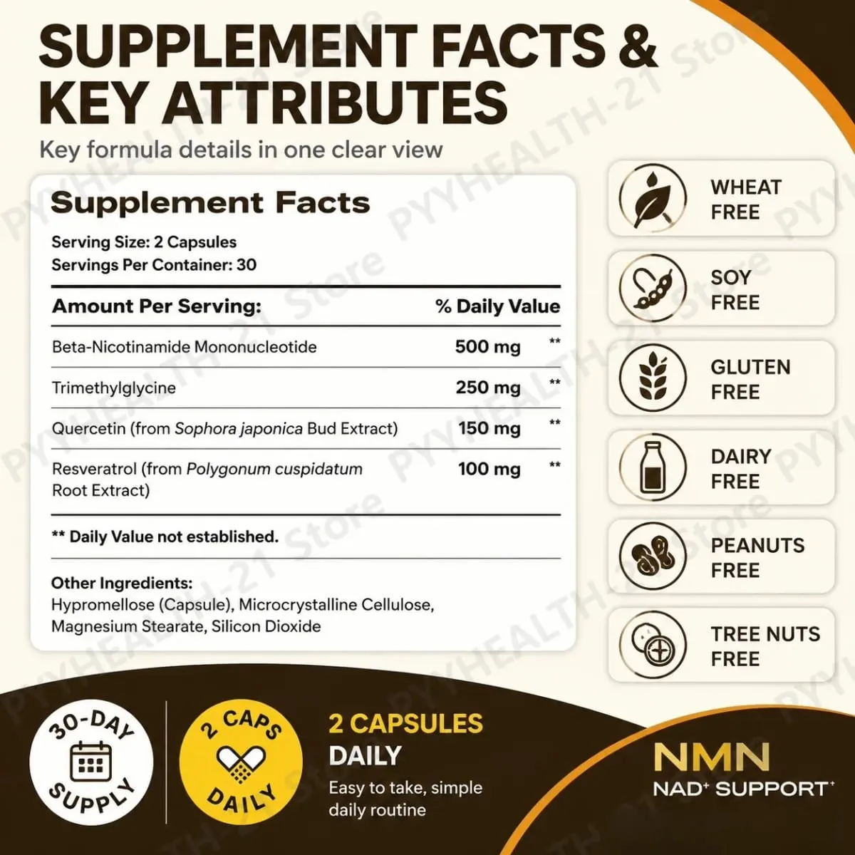 NMN NAD+ Support Capsules 1000 มก. รองรับพลังงานเซลลูล่าร์ ระดับ Cognitive Health NAD+ ด้วย TMG Quercetin 60 แคปซูลผู้ใหญ่