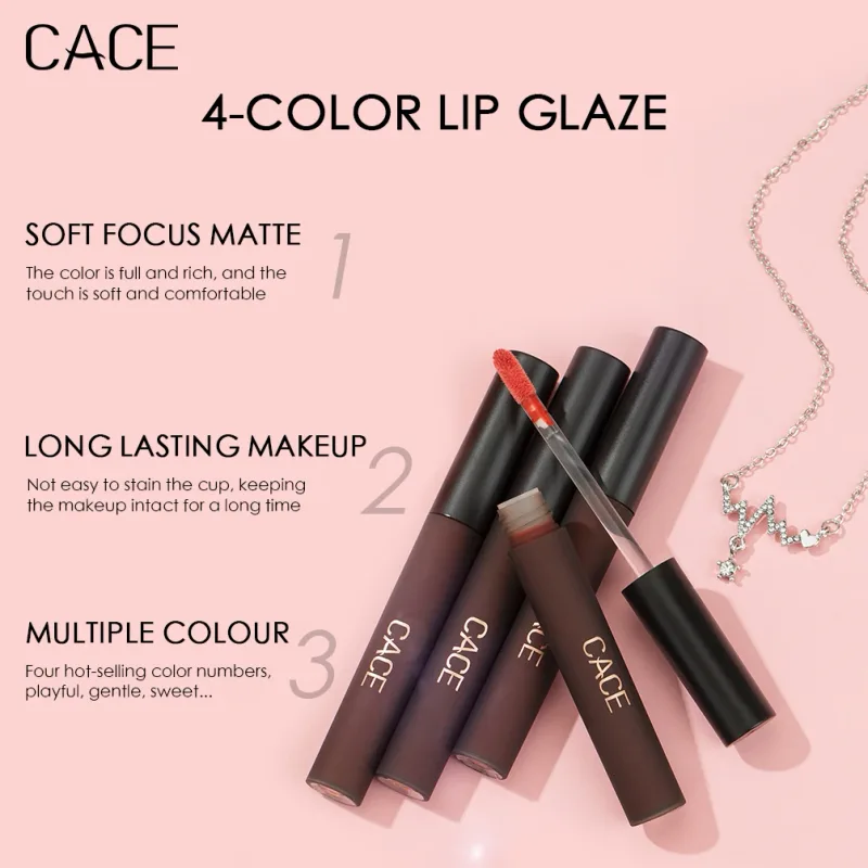 4 Keping Set Solekan Gincu Cecair Matte Warna Lipgloss Merah Seksi Tahan Air Kosmetik Kilau Noda Bibir Dengan Kalung — image 3