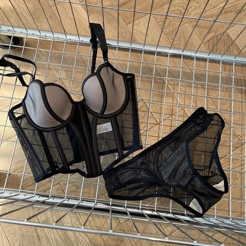 Francês longo fishbone malha retalhos sutiã conjunto fino moldar peito levantar lingerie sexy roupa interior macio e confortável S-XL terno — image 8