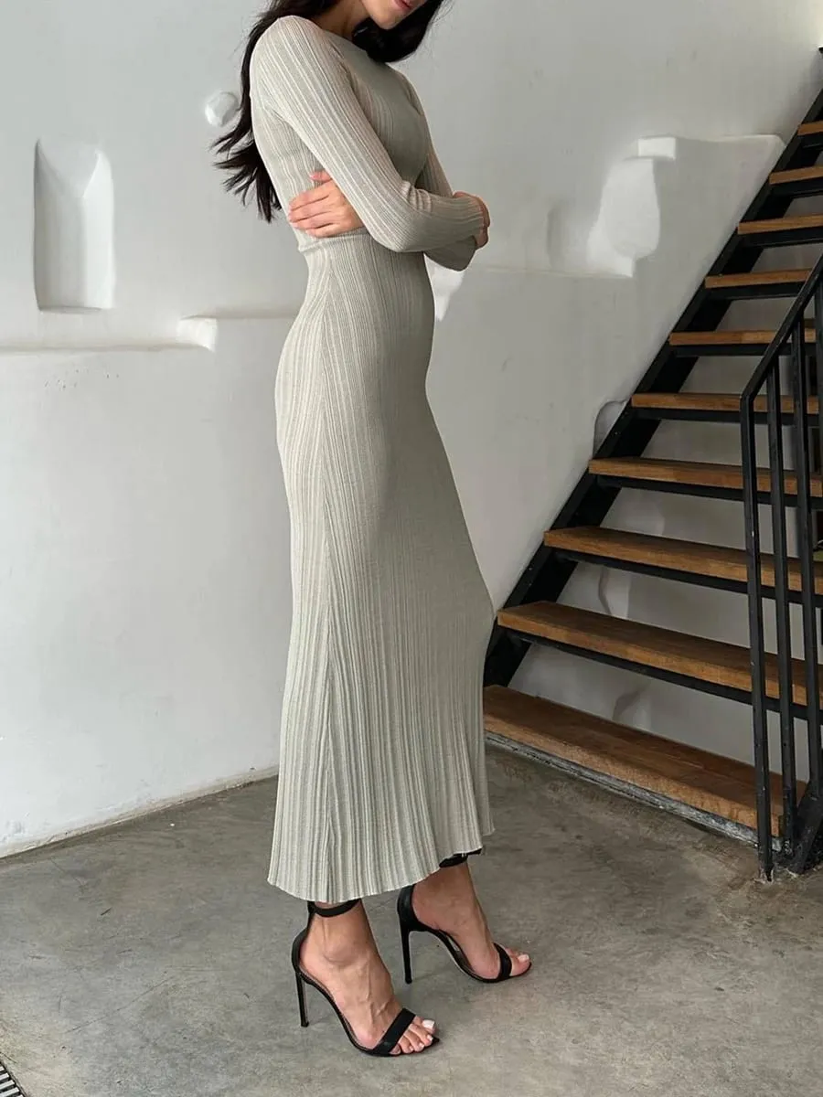 Robe longue en tricot pour femmes, couleur unie, moulante, manches longues, col rond, côtelée, coupe cintrée, printemps automne — image 3