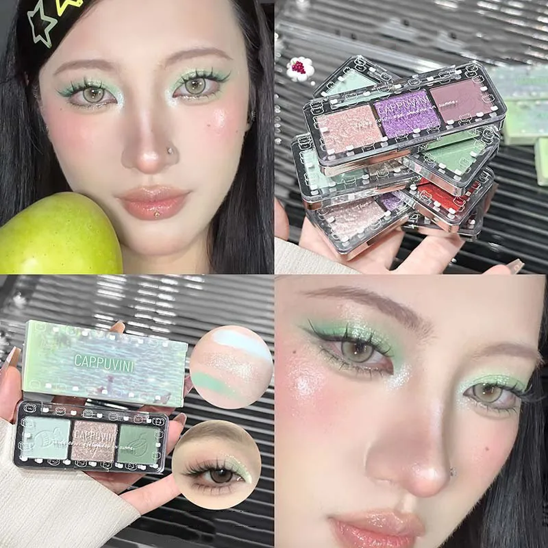 3สีGlitterอายแชโดว์Strip Palette Brighteningกันน้ำGradient Mint-สีเขียวฤดูร้อนโกหกSilkworm Eye Pigmentแต่งหน้า