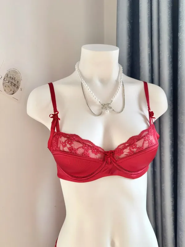 Set Bra Minimizer Renda Merah Populer Wanita Setengah Cangkir Ultra Tipis Payudara Besar Dukungan Lembut Pesta Pengantin Bulan Madu Malam Setelan 32-38 — image 11