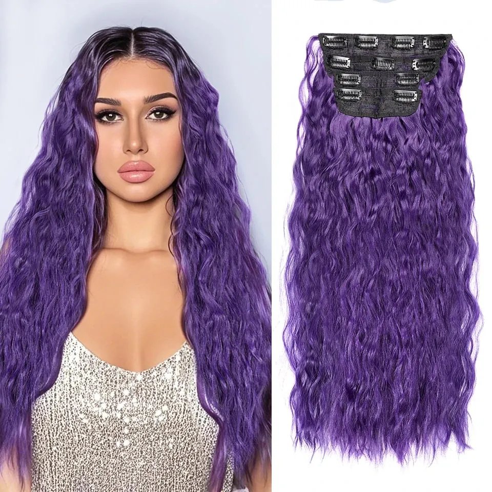 4pcs / set clip dans les extensions de cheveux naturel noir maïs ondulé 20 '' longs bouclés épais postiches synthétiques pour femmes filles fête quotidienne