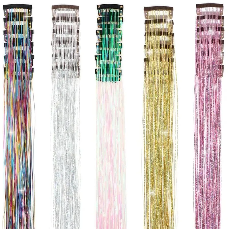 12pcs 20inch Tinsel Hair Extensions Wigs Colorful Shiny Artificial hair extensions Clip in Women Hairpieces for Daily Party Wear — image 5