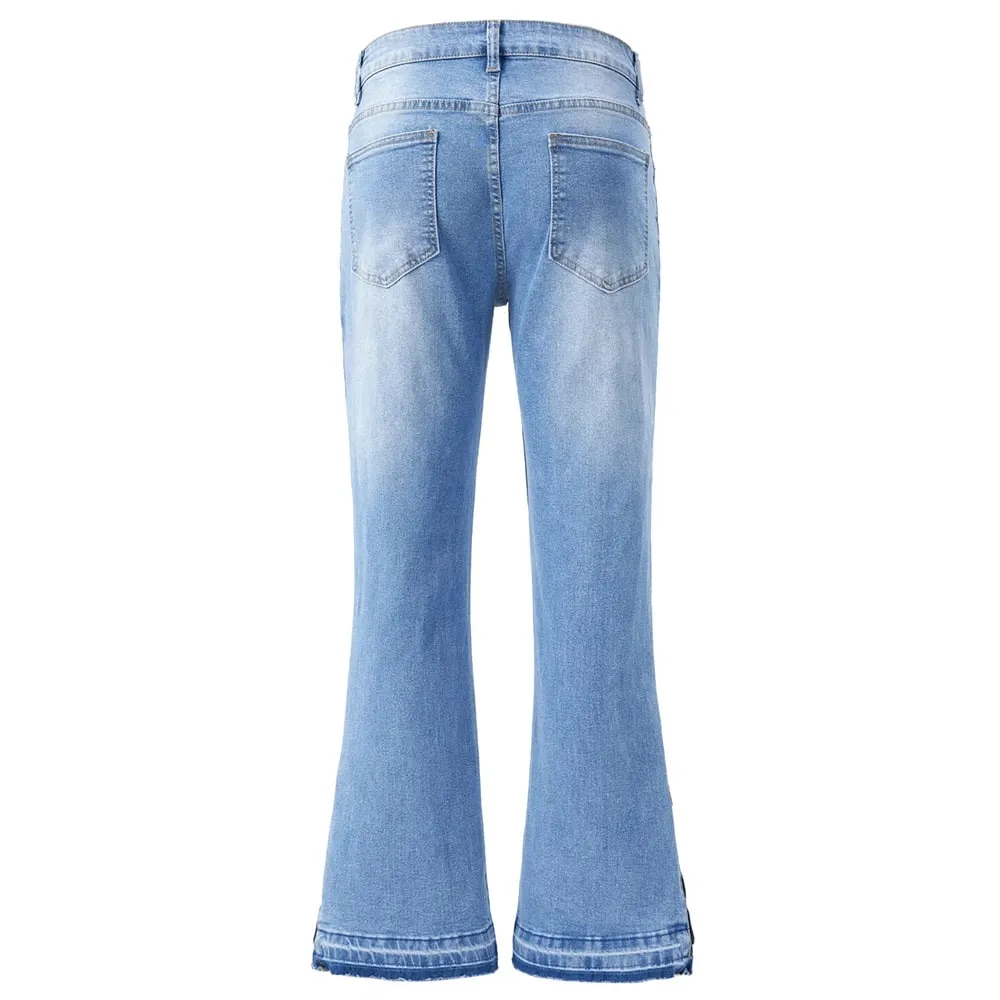 ผู้ชาย Boot Cut Denim กางเกงยีนส์ Streetwear ซิปด้านล่างเปิดตัว Hem กางเกงสีฟ้าสีดำผ้าฝ้ายกางเกงสแปนเด็กซ์ — image 3