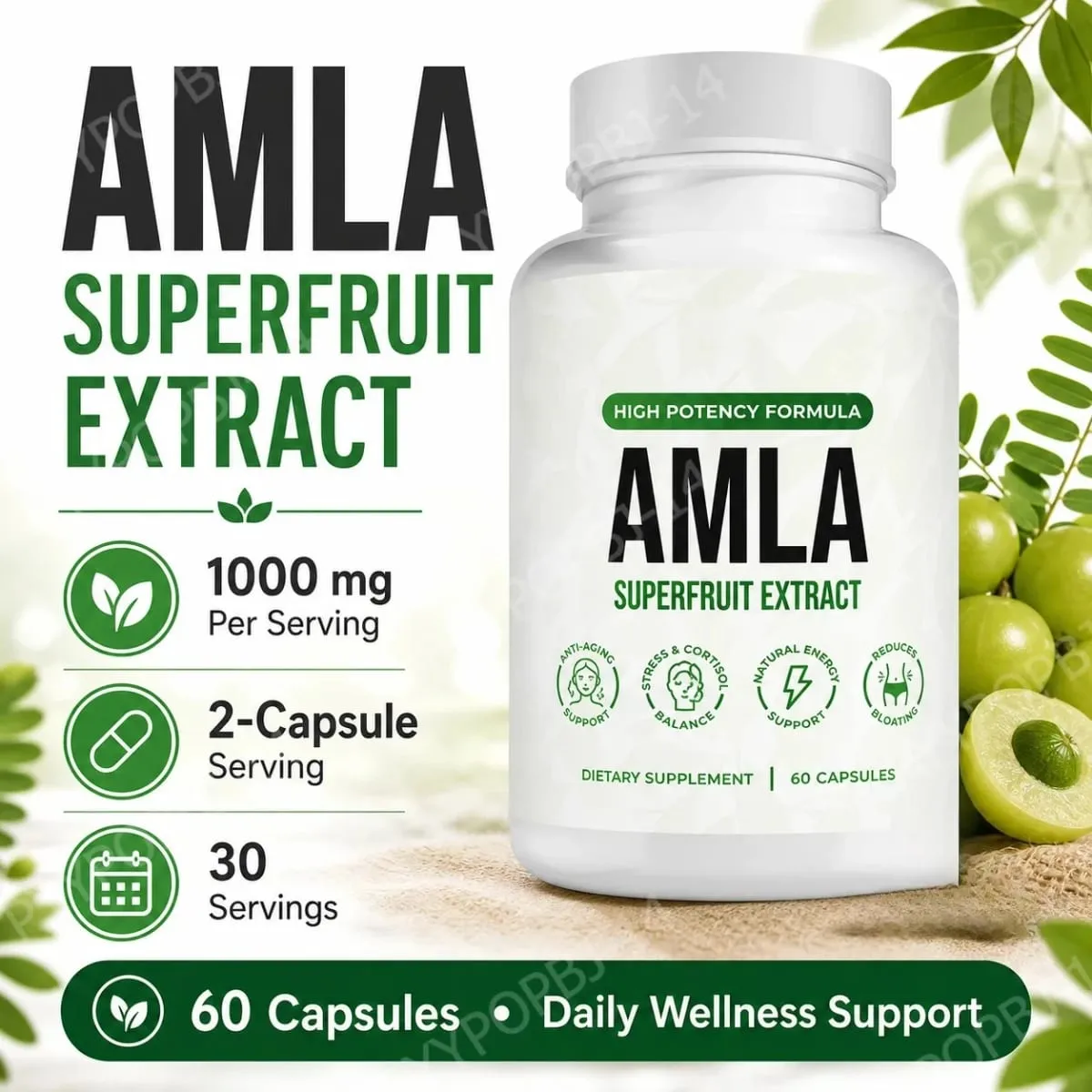 Amla Fruit Extract 1000mg Capsules Superfruit Supplement Energy Support 60 Capsules 30 Servings Vegan Non-GMO Gluten Free — image 1