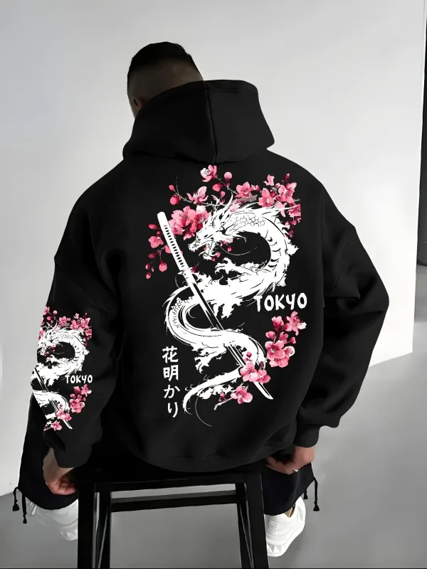 Herren-Kapuzenpullover im Anime-Stil mit Drachenmuster und Kirschblüten-Print für Winterwärme, lockeren und lässigen Stil — image 1