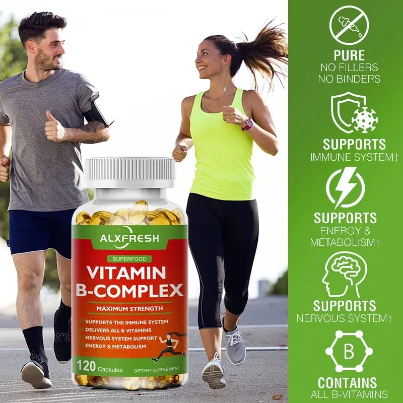 Vitamin B Kompleks Alxfresh dengan Vitamin C - Sokongan Tenaga Kesihatan Imun & Sokongan Sistem Saraf - Kapsul Vegetarian Bukan GMO — image 2