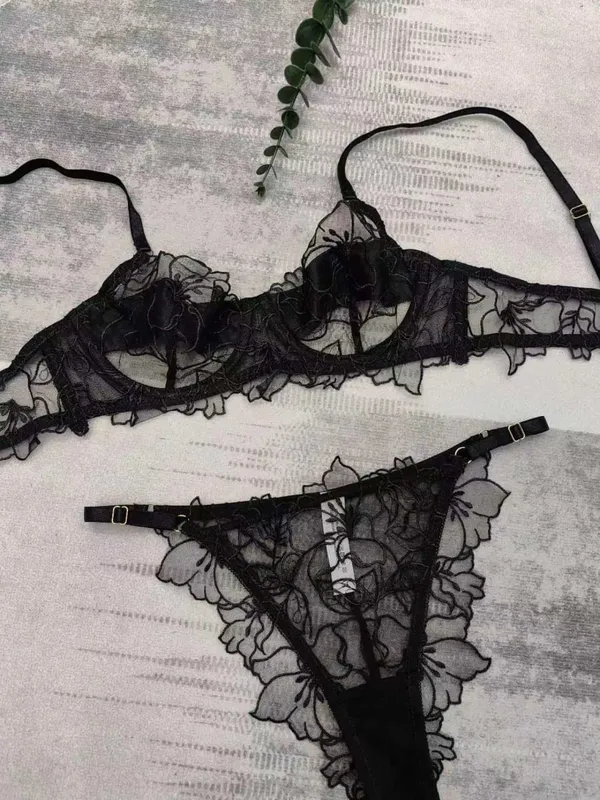 Set di lingerie in pizzo ricamato francese, busto grande, reggiseno dall'aspetto piccolo, senza ferretto, reggiseni trasparenti anti-cedimento per donna S-XL 32-38AB — image 8