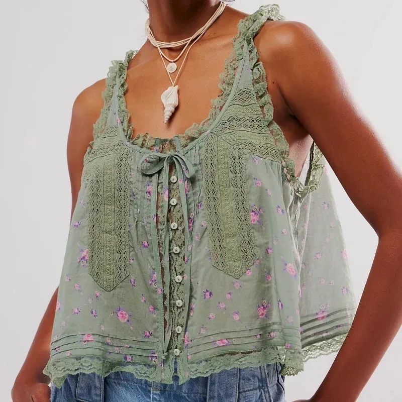 Y2Kปุ่มขึ้นลูกไม้Trim Patchwork Cami TopsหลวมFitรอบคอเสื้อกั๊กแขนกุดOutwear Gilet Crop Tank Topsสำหรับผู้หญิง — image 5