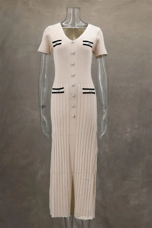 Elegante Gestrickte Maxi Kleider Bodycon Kurzarm Rüschen Einreiher 2025 Neue Kleid Casual Communte Streetwear Vestidos