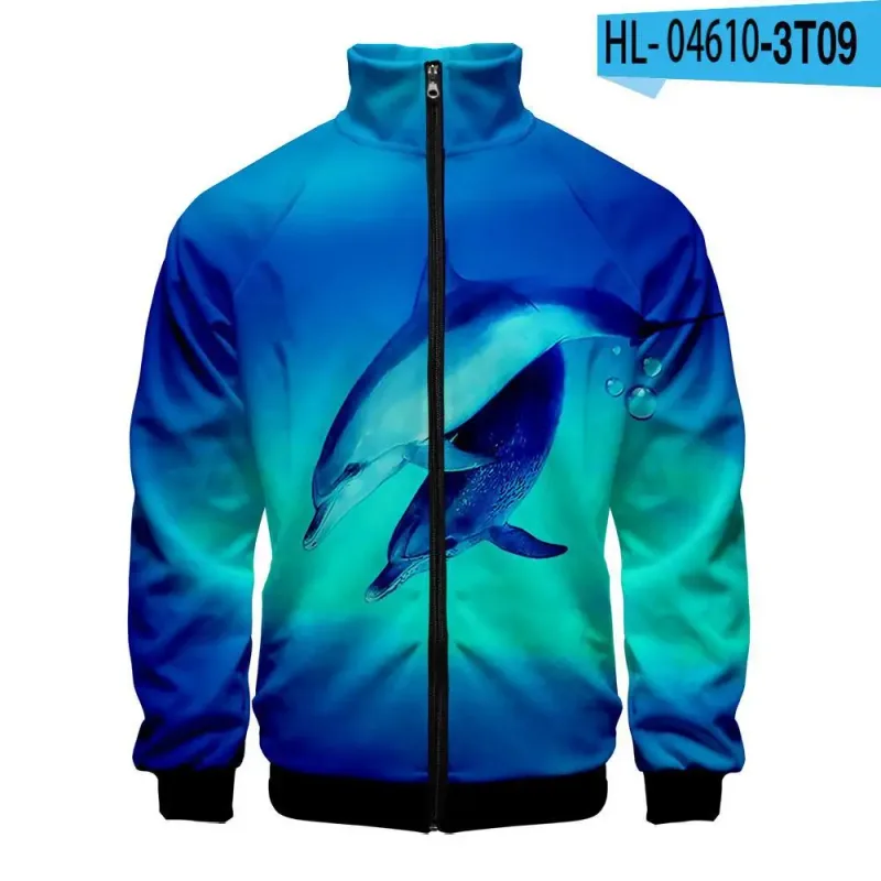 Harajuku Popular Novelty dolphin 3D Print Zipper Raglan Jacket Windbreaker Boys/Girls Comfortable Stand Collar Jackets Coats — image 2