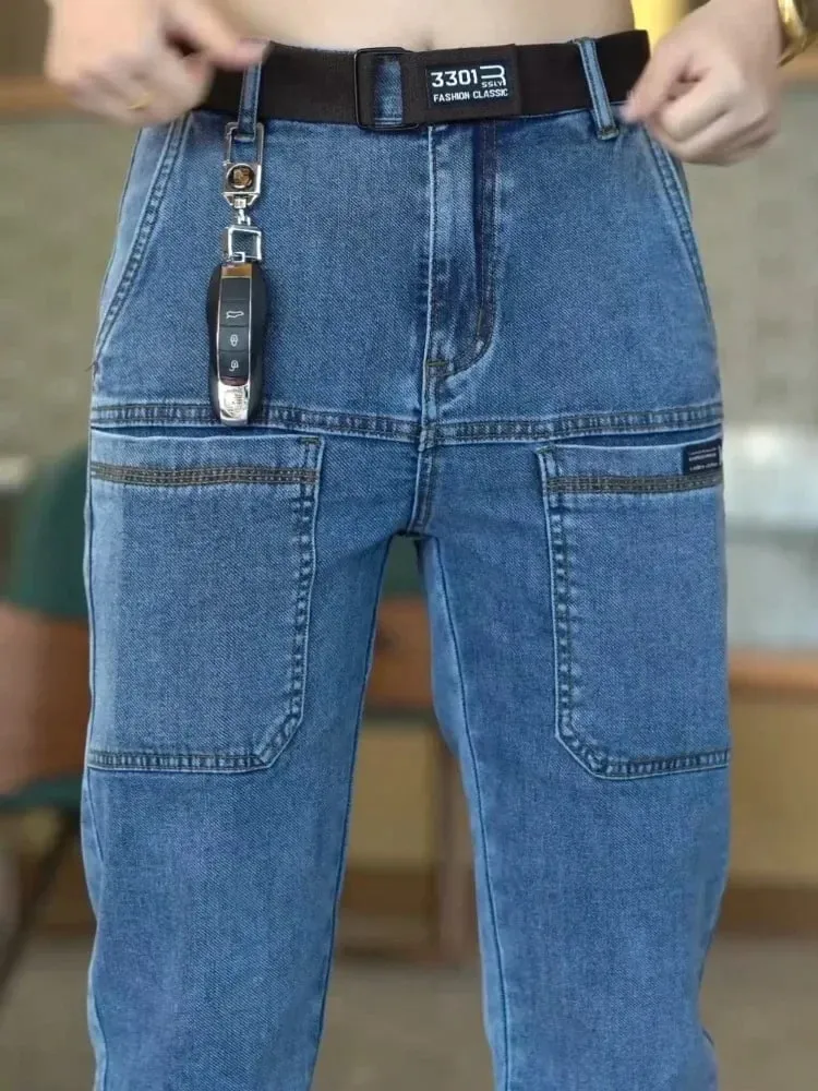 İlkbahar Yaz Ince Altı Cep erkek Kot Elastik Düz Bacak Rahat Slim Fit Kot Çok Yönlü Çok Cep Uzun Y2K Denim Pantolon — image 8