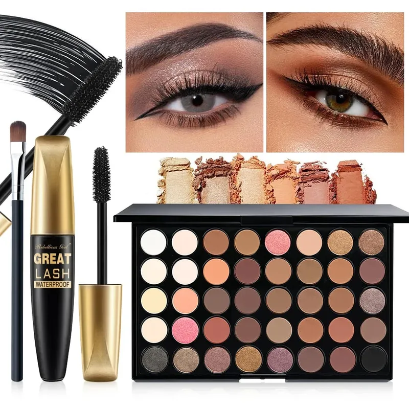 3pcs Set Solek untuk 40 Warna Palet Pembayang Mata Pelangi+Maskara Hitam dengan 1pc Berus 3 Dalam 1 Kit Solek Untuk Pesta Harian Harian — image 4