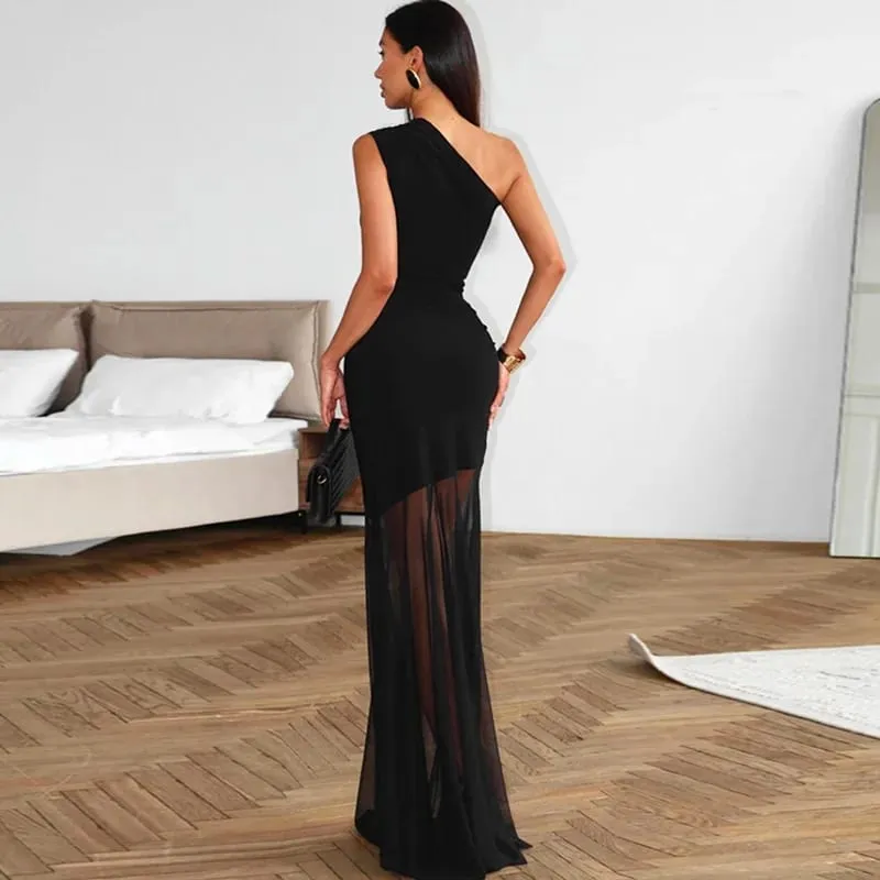 Ticketsx-vestido transparente con hombros descubiertos para mujer, vestido largo liso de cintura alta con retazos y Espalda descubierta, vestidos de noche para fiesta de vacaciones — image 3