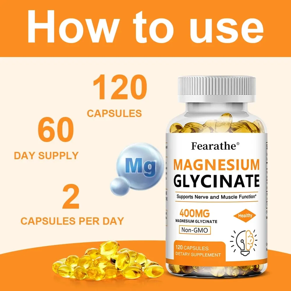Magnesiumglycinat 400 mg Kapseln unterstützen die Muskeln, Knochen, Herz, Nerven, Schlafqualität und die Gesundheit des Immunsystems. Nicht gentechnisch verändert — image 4