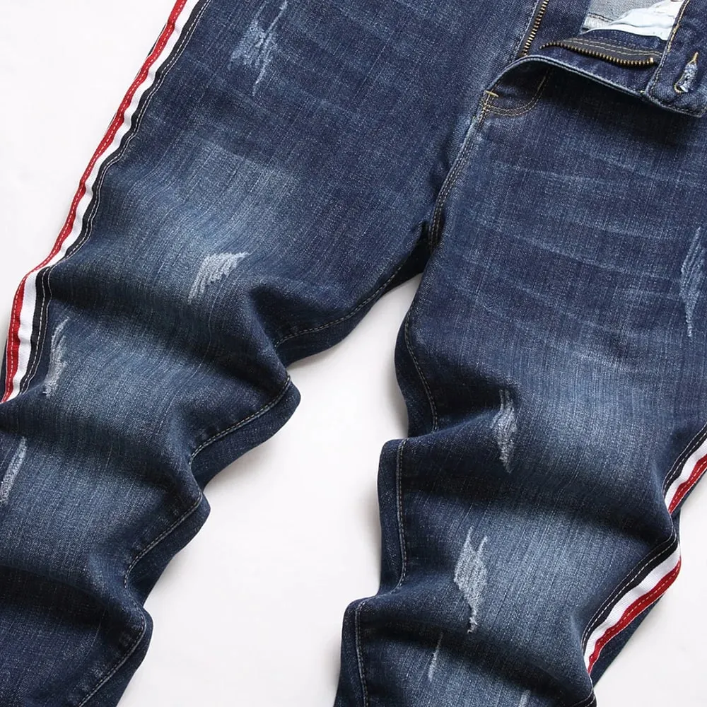 Jean en Denim à rayures latérales pour hommes, pantalon en Denim lavé extensible bleu, pantalon droit Slim — image 4