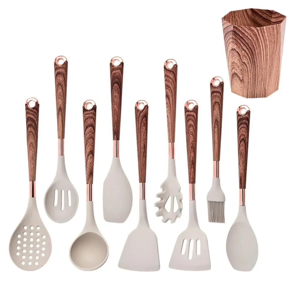 Set Perkakas Dapur Silikon 10 Keping Perkakas Memasak dengan Pemegang Perkakas Pemegang Corak Kayu Alat Memasak Nonstick JT264 — image 1