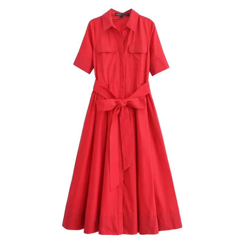HH femmes été revers manches courtes poche simple boutonnage ceinture décorer robe Midi femme mode chemise Style robe plissée — image 9