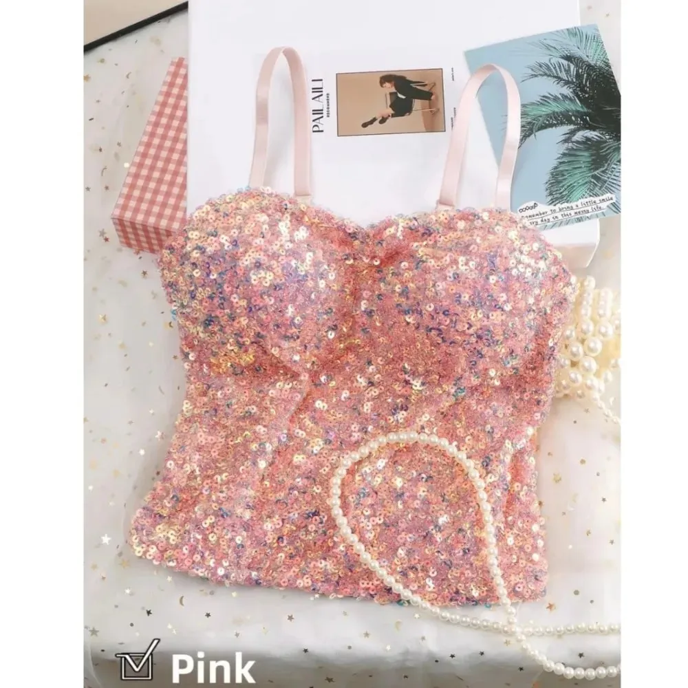 Camiseta sin mangas de una pieza con lentejuelas brillantes, chaleco envolvente fijo en el pecho, chaleco sin espalda de alta elasticidad, ropa interior, chaleco de capa Base corta, Top de verano — image 10