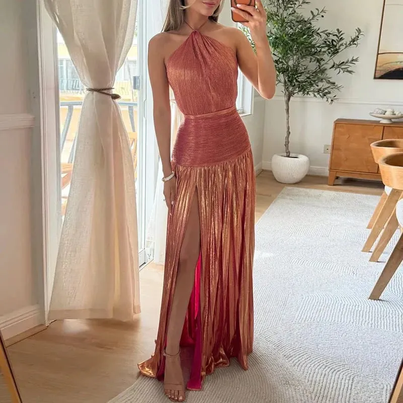 Gold Sexy Halter High Split Gowns Evening Dress Woman Chic Solid Hollow Pleated Long Dress Spring Summer Backless Zip Maxi Dress — image 7