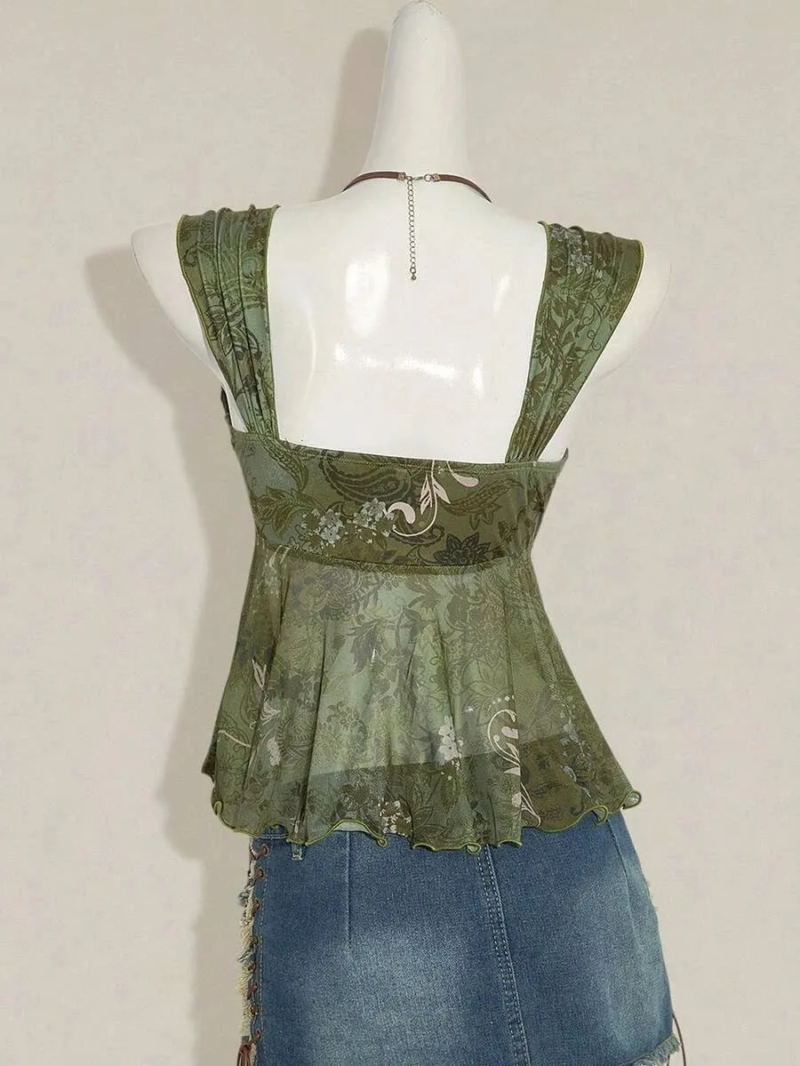 Top da donna con scollo a cuore, senza schienale, in rete, con pieghe, cinturino a pieghe, top corto a trapezio, estivo, sexy, carino, elegante, morbido e confortevole — image 3