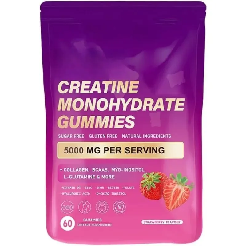 Kreatin Monohydrat Gummies 60 Count med kollagen biotin vitamin D3 og hyaluronsyre til daglig restitution før og efter træning