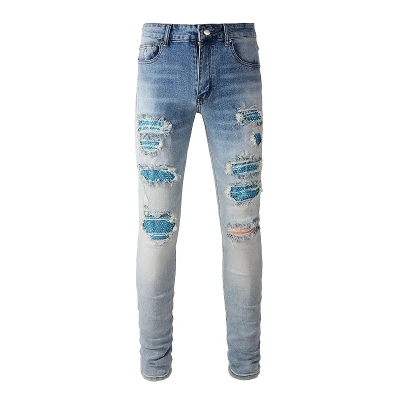 Jeans Denim Patch Kristal Lelaki Streetwear Seluar Stretch Patchwork Biru Koyak Seluar Tirus Kurus Bermasalah