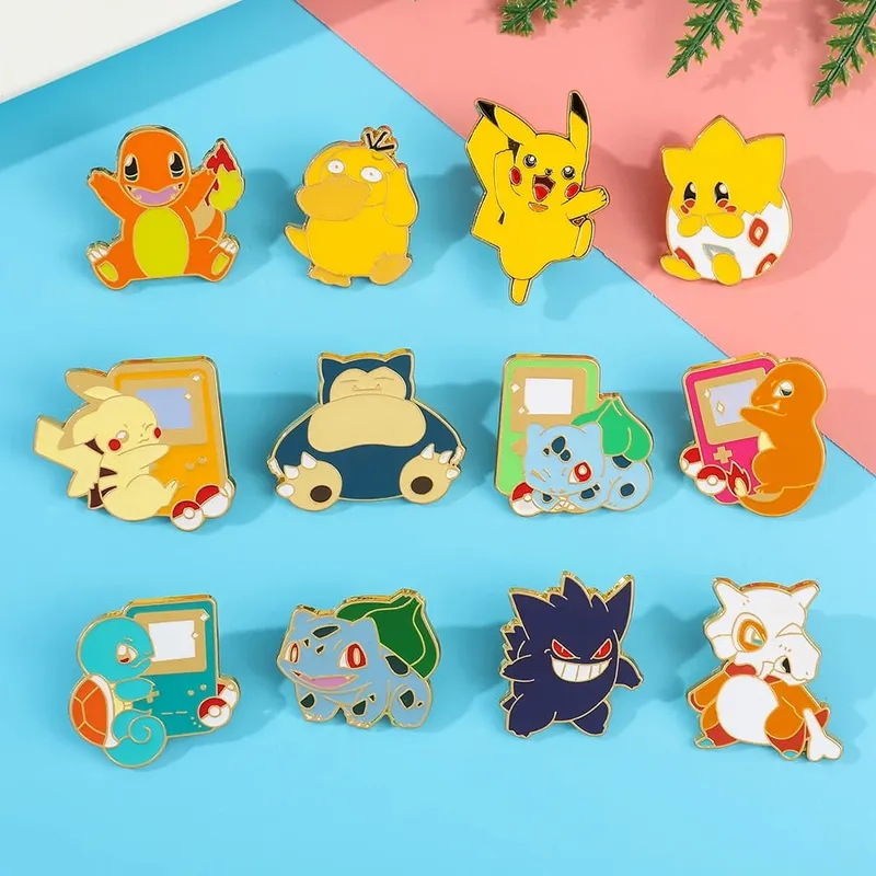Cute Pikachu Brooch Anime Figures Gengar Psyduck Squirtle Togepi Bulbasaur Enamel Lapel Pin Badges on Backpack — image 2
