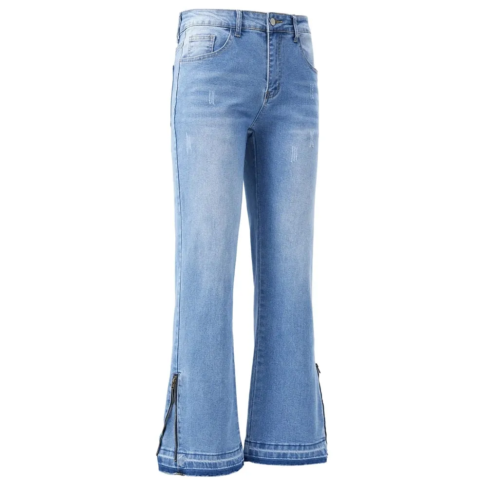 ผู้ชาย Boot Cut Denim กางเกงยีนส์ Streetwear ซิปด้านล่างเปิดตัว Hem กางเกงสีฟ้าสีดำผ้าฝ้ายกางเกงสแปนเด็กซ์ — image 4