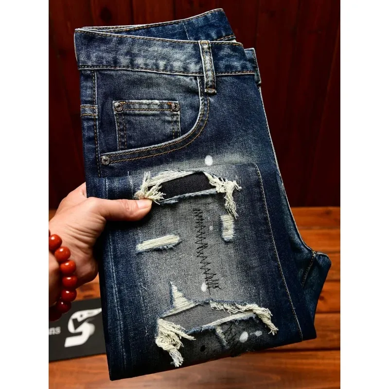 High end nostalgic jeans for men slim fit with small holes patches scraped inkjet street trend elastic retro denim pants — image 2