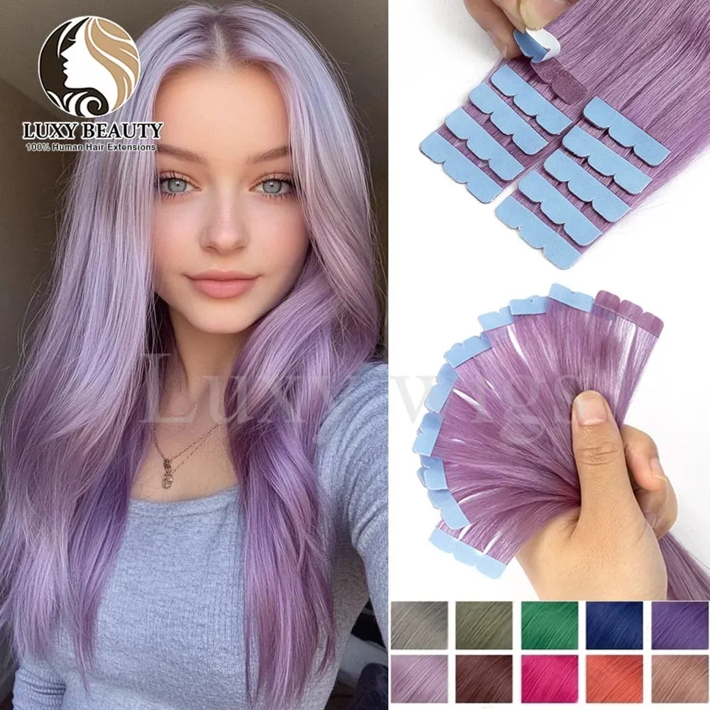 Colored Purple Mini Tape in Human Hair Extensions Invisible Seamless Tape in Hair 10pcs Pink Red Green Blue Mini Tape In Hair — image 2