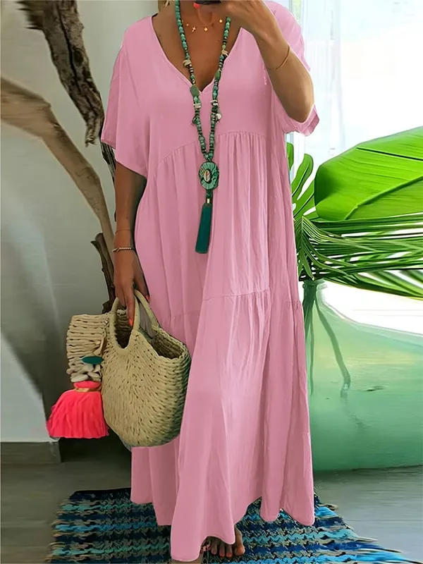 Plus Size Damen Casual Loose V-Ausschnitt Solides Langes Kleid Frühling Sommer Plissee Big Size Damenkleid — image 11