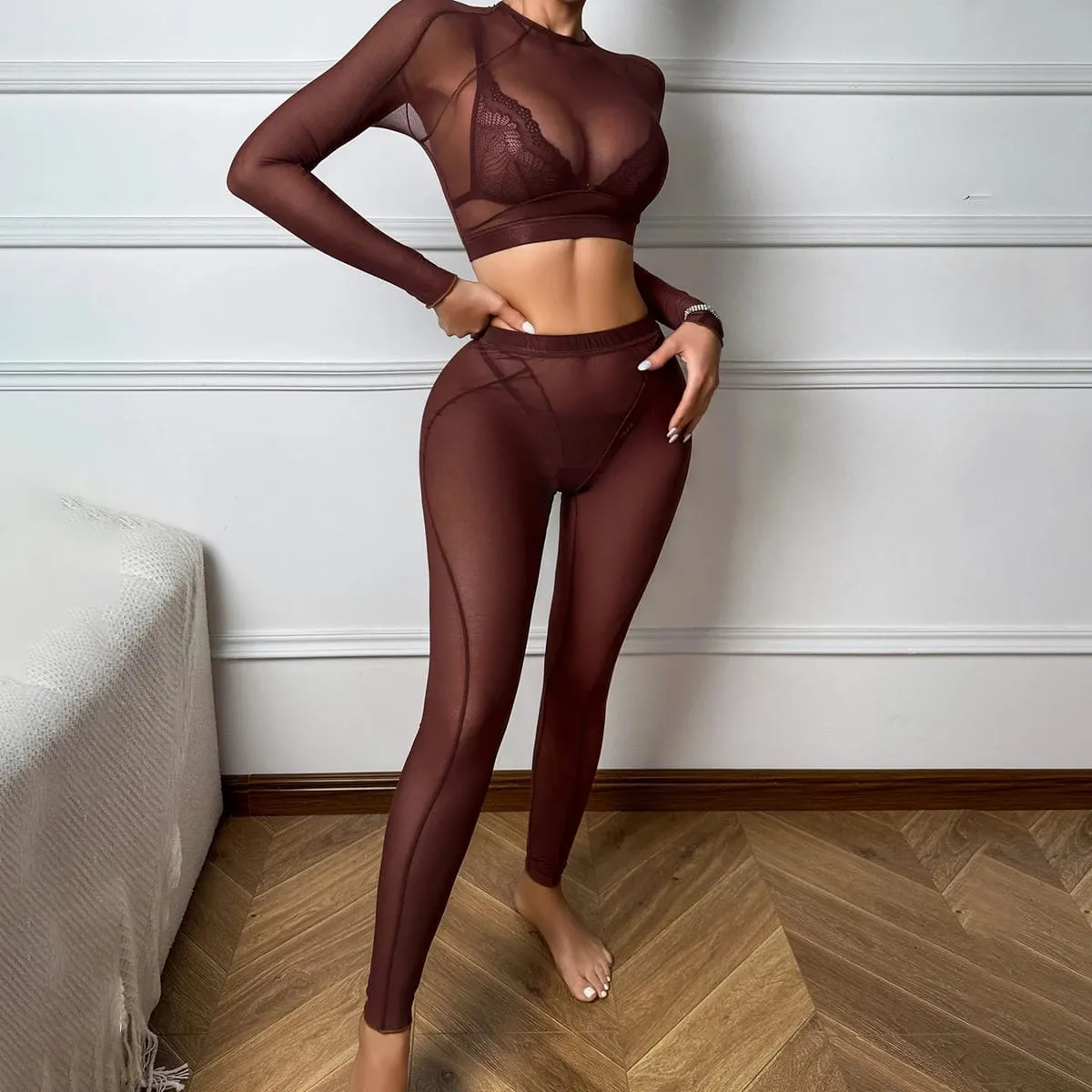 Ensemble de lingerie confortable, dos nu, manches longues, maille transparente, sexy, bonnet triangulaire en dentelle, fendue — image 5