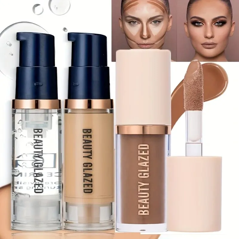 3 stk Ansigtsmakeup Sæt Flydende Foundation+Primer+ Liquid Contour Naturlig Vægtløs Langtidsholdbar Smudgeproof Bronzer