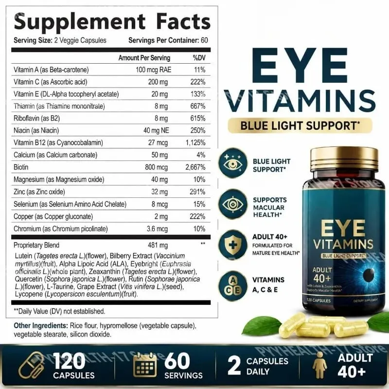 Capsule di vitamine per gli occhi Supporto alla luce blu con luteina e zeaxantina per oltre 40 anni Supporto per la salute maculare per uomini e donne 120 capsule — image 2