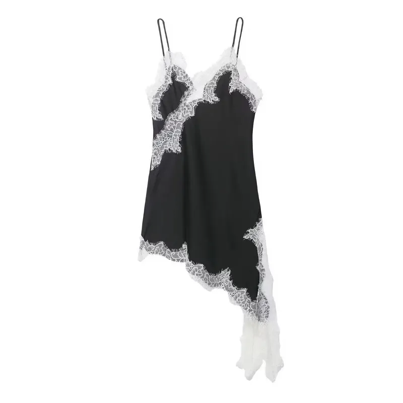 HH Women Elegant Asymmetry Hem Solid Dress Sleeveless Backless V Neck Fashion Dresses Female Sexy Lace splicing Mini Beach Dress — image 10