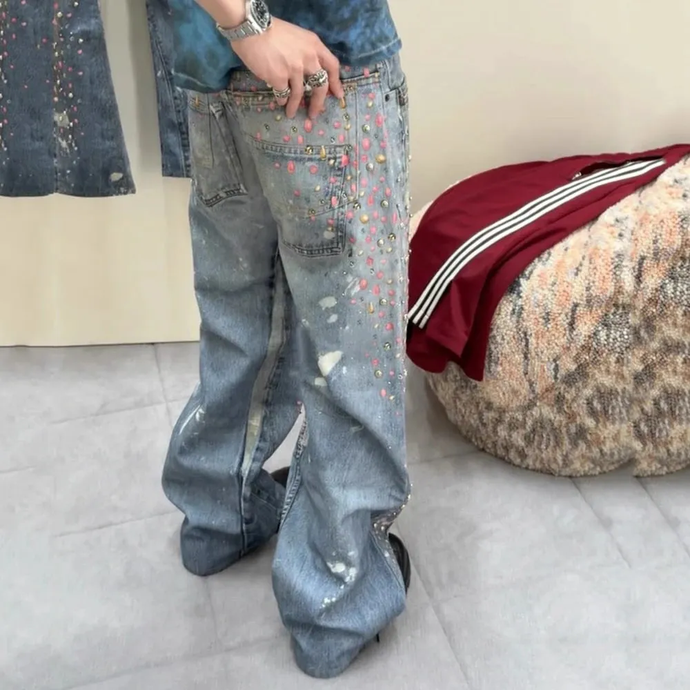 3D-gedruckte Volldiamant-Jeans für Männer, gerade gewaschen, Distressed, glänzende Diamon-Denim-Hose, Hip-Hop, lockere Baggy-Jeans — image 5