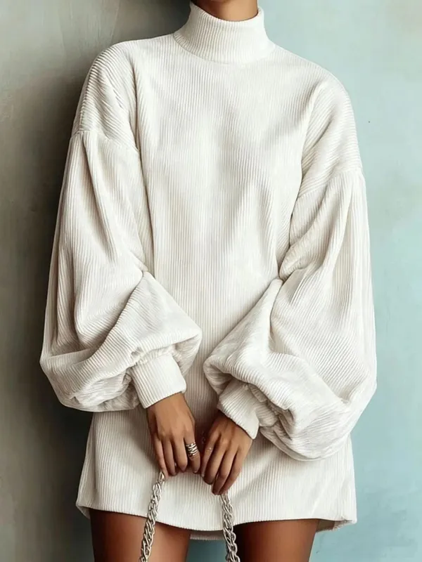 Pakaian Mini Turtleneck Korduroi Wanita Bersaiz Besar Elegan Longgar Lengan Tanglung Pakaian Kasual Musim Gugur Musim Sejuk Streetwear Pakaian Pendek — image 9