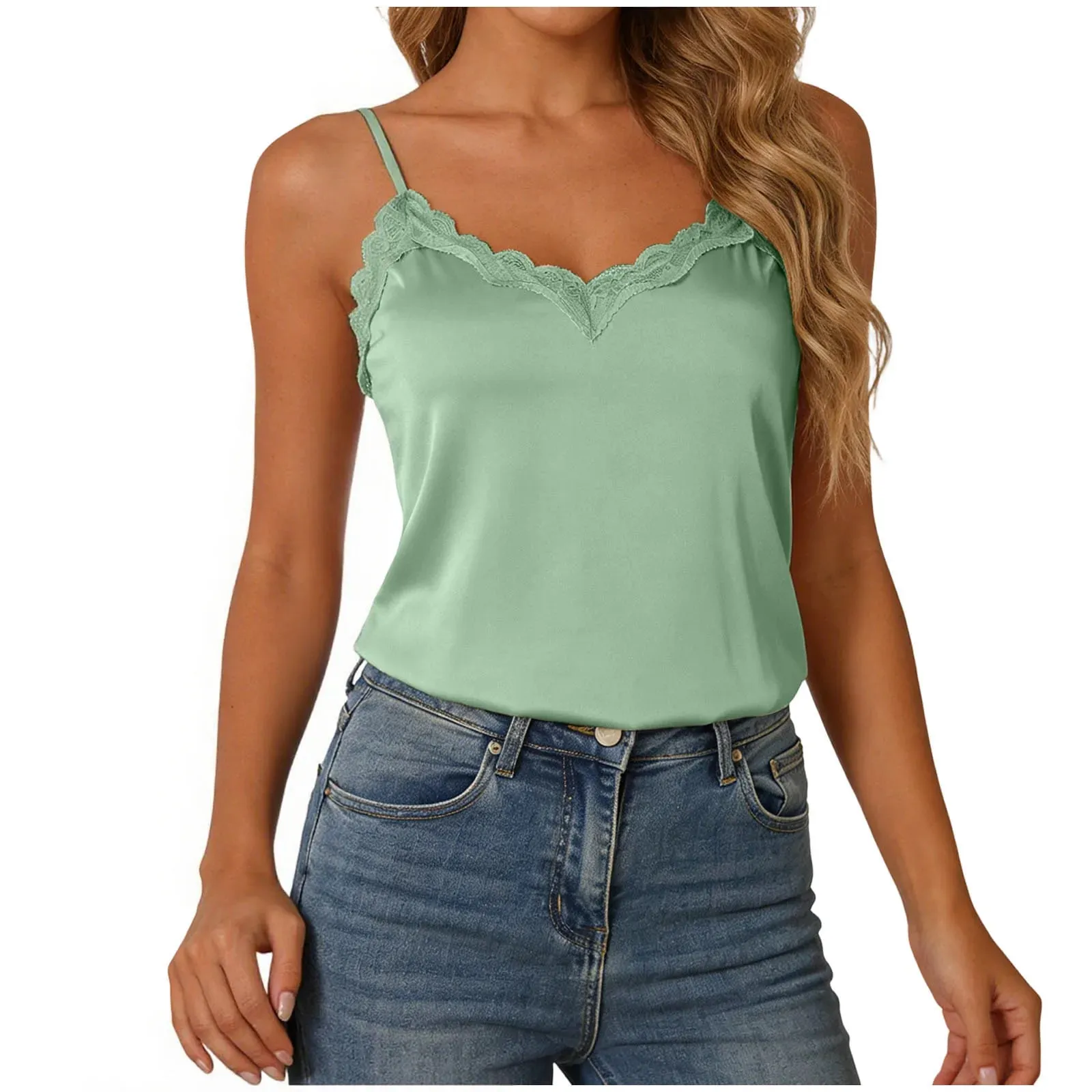 Musim Panas Wanita Satin Tank Tops Lace Trim Patchwork Sutera Selesa Tanpa Lengan Camis Elegan V-Neck Tanpa Belakang Solid Seksi Tops — image 11