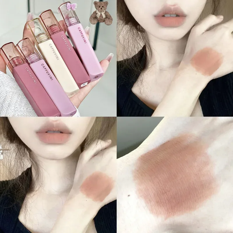 Cappuvini Matte Lip Gloss ความอิ่มตัวต่ำสีเทาสีชมพู Liquid ลิปสติก Waterproof Non-Stick No Fade Lip Tint เกาหลีแต่งหน้าเครื่องสำอาง