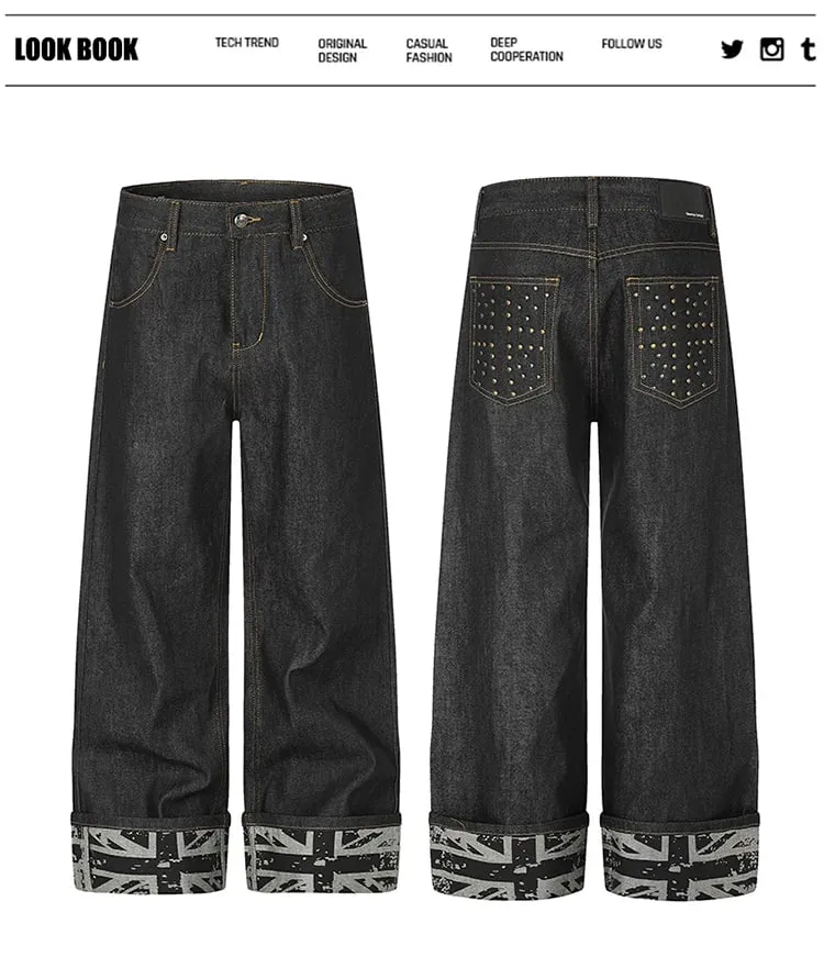 Jeans Denim Mentah Lebar Kaki Lelaki Hiasan Rivet Poket Belakang Labuh Berikat Cetak Pakaian Jalanan Punk Seluar Panjang Lurus 9X4317 — image 6